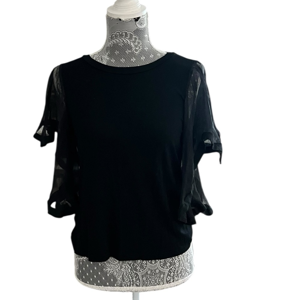 Anthropologie English Factory Black Sheer Ruffle Sleeve Blouse Size Small